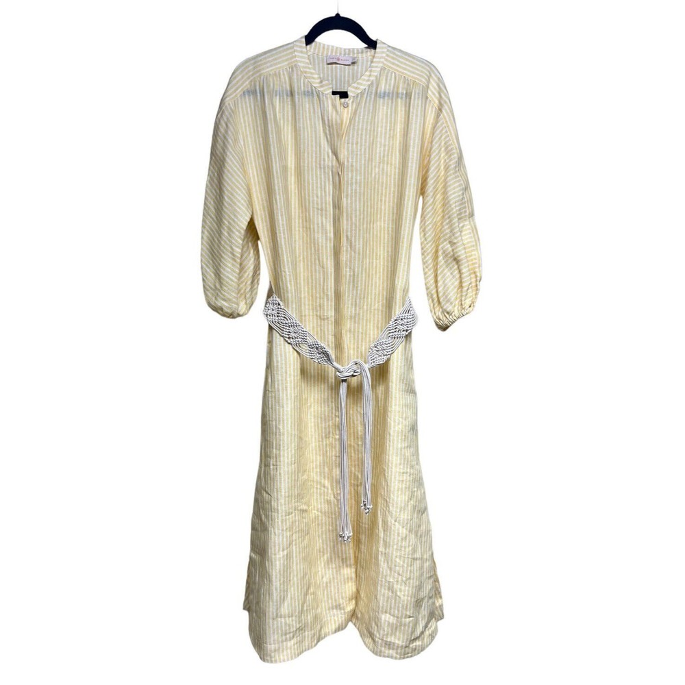 Tory‎ Burch Linen Maxi Dress Yellow/ White Stripe Caftan Women’s Size Large